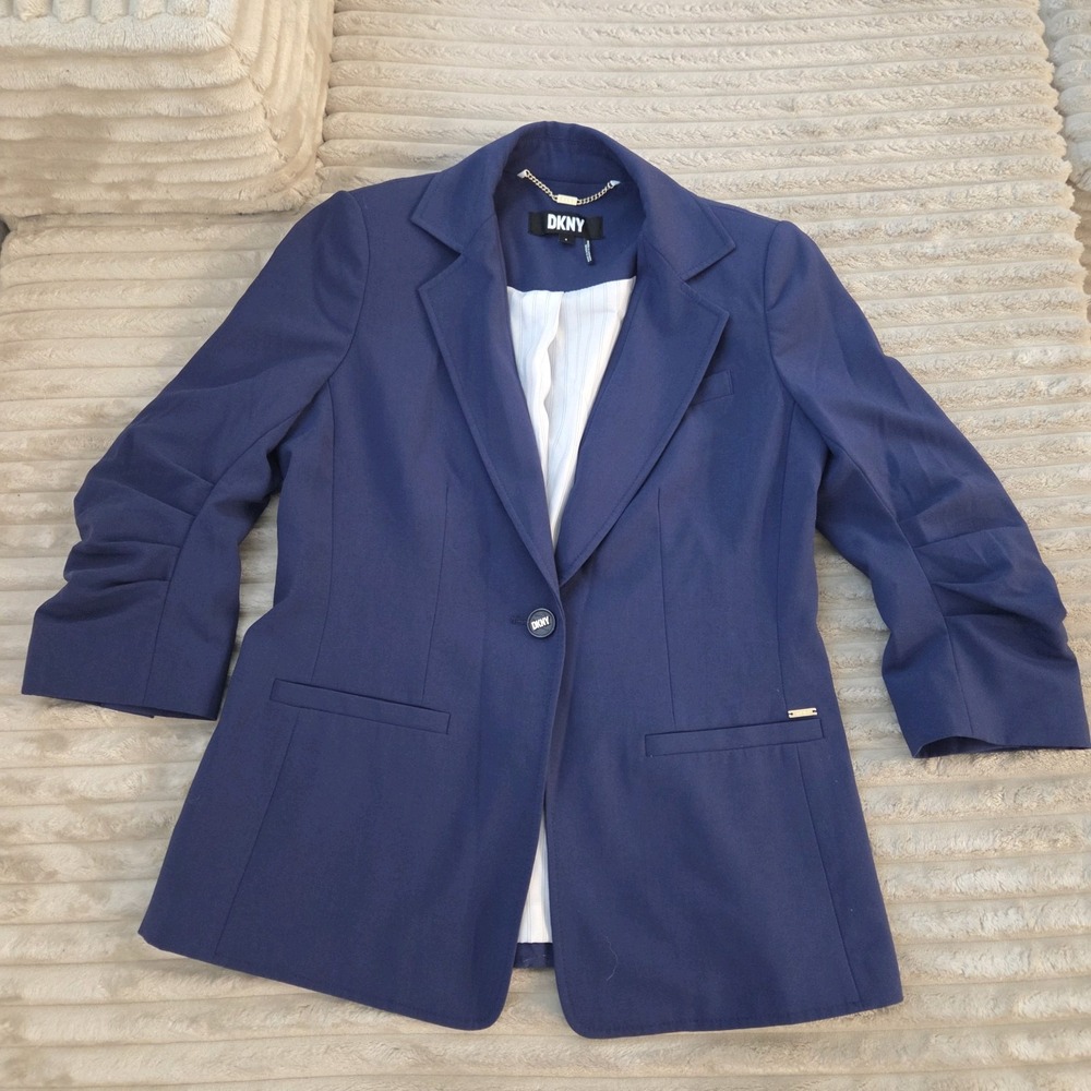DKNY Blue Ruched 3/4 Sleeve One Button Blazer Jacket Size 4